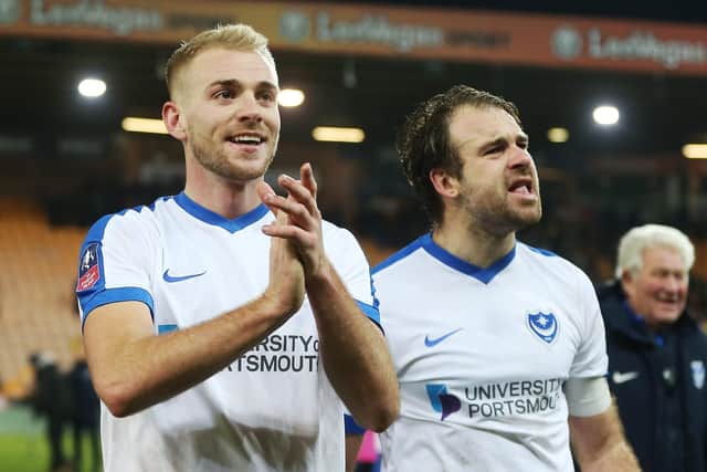 Jack Whatmough celebrates Pompey's 1-0 win at Norwich in the FA Cup. Picture: Joe Pepler