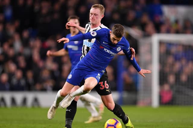 Former Pompey target Sean Longstaff challenges Jorginho on his full Premier League debut. Picture: Justin Setterfield/Getty Images
