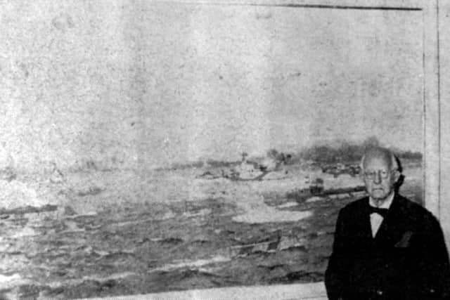 Norman Wilkinson with the D-Day oil painting after presenting it to HMS Dryads wardroom.