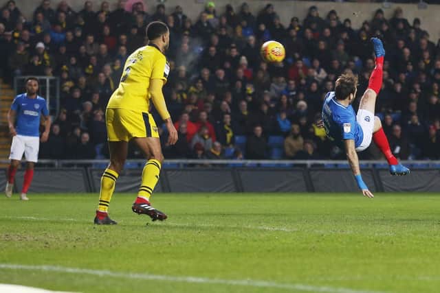 Brett Pitman's brilliant overhead kick was a rare moment to savour at the Kassam Stadium for Pompey followers. Picture: Joe Pepler/Digital South