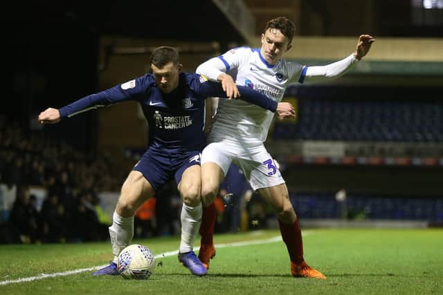 Dan Smith tussles at right-back on his Pompey debut against Southend. Picture: Joe Pepler