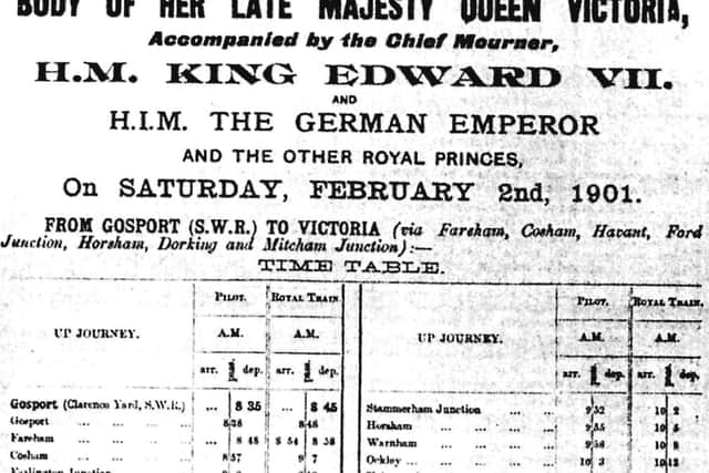 The timetable of Queen Victorias funeral train
After her death at Osborne House, Queen Victorias remains were transferred to London Victoria by Royal Train via Gosport.