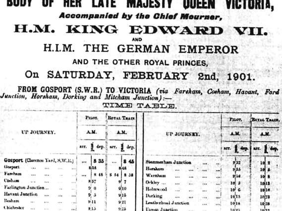 The timetable of Queen Victorias funeral train

After her death at Osborne House, Queen Victorias remains were transferred to London Victoria by Royal Train via Gosport.