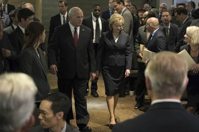 Christian Bale as Dick Cheney and Amy Adams as Lynne Cheney in Vice.