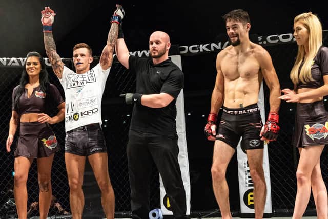 Cameron Hardy celebrates his win over Jean Do Duc at Shock N Awe 28. Picture: Vernon Nash (180686-034)