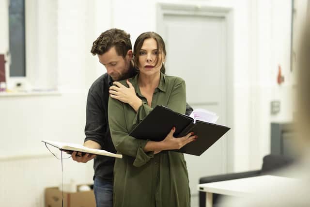 The Girl on The Train in rehearsal. Samantha Womack (Rachel Watson) and Adam Jackson Smith (Tom Watson). Picture by Helen Maybanks