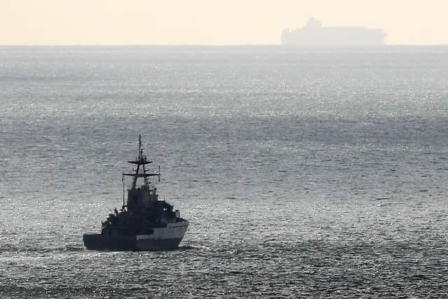 HMS Mersey on patrol in the English channel near Dover in Kent.