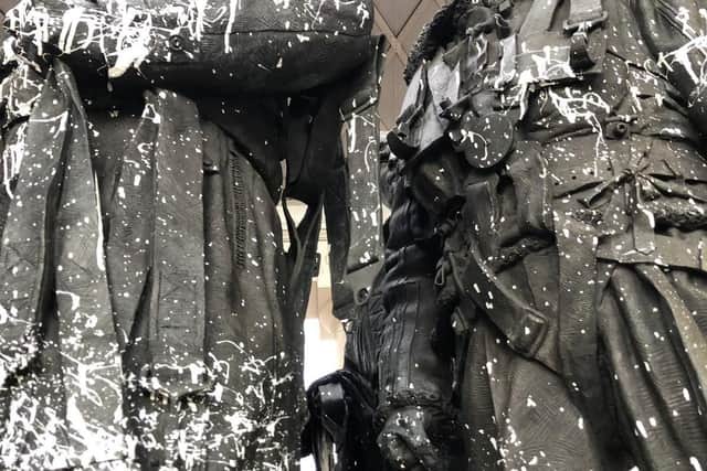 The Bomber Command Memorial in London after it had been vandalised by white gloss paint. Picture: RAF Benevolent Fund/PA Wire