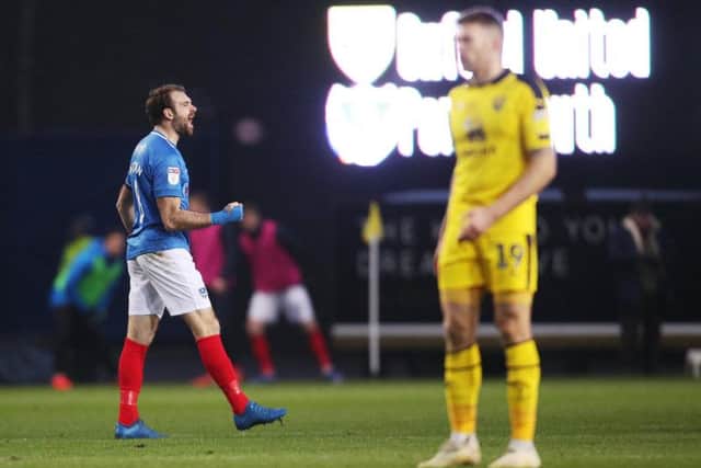 Brett Pitman celebrates his Pompey goal at Oxford - could he still end up as the Blues' top scorer? Picture: Joe Pepler