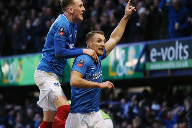 Lee Brown celebrates Pompey's goal. Photo by Joe Pepler/Digital South.