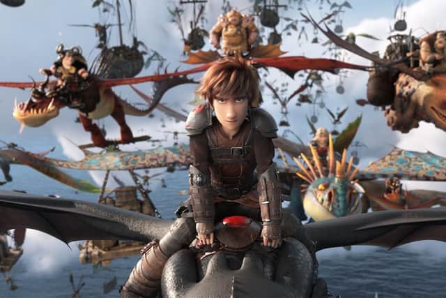 Hiccup rides Toothless into battle in How To Train Your Dragon: The Hidden World. Released February 1.