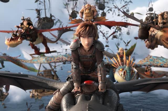 Hiccup rides Toothless into battle in How To Train Your Dragon: The Hidden World. Released February 1.