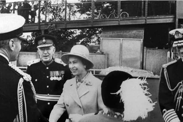 Seen on Havant Station platform is HM The Queen and Prince Philip who were visiting HMS Dryad, Southwick. Photo: Ralph Cousins collection.