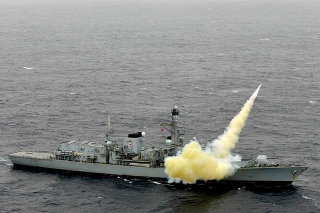 Royal Navy warship HMS Montrose firing a Harpoon missile, capable of destroying a target up to 80 miles away. Photo: Royal Navy