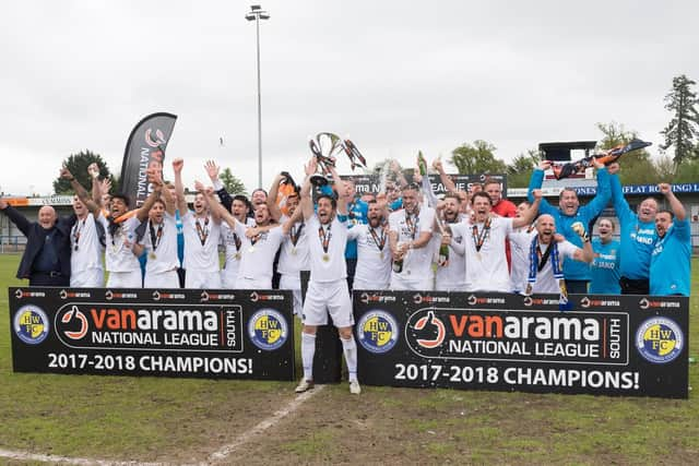 Hawks celebrate getting promotion to the National League. Picture: Keith Woodland