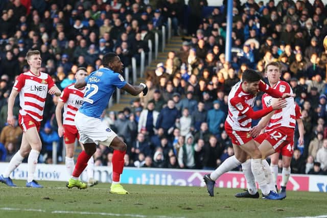 Omar Bogle turns home Pompey's equaliser in Saturday's 1-1 draw with Doncaster. Picture: Joe Pepler/Digital South