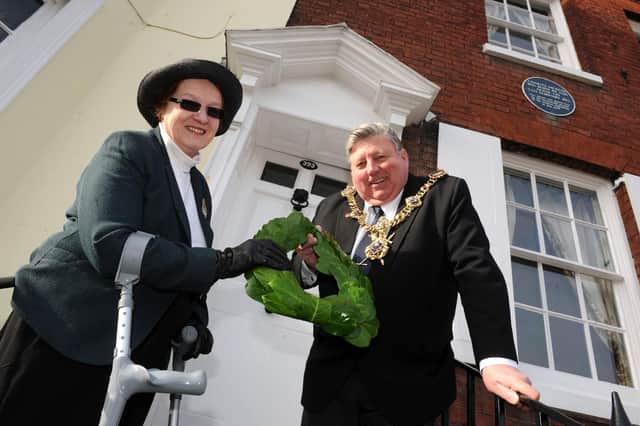 Charles Dickens birthday is celebrated by the laying of a wreath at his birthplace in Portsmouth. Rosalinda Hardiman of the City Museum and the Lord Mayor of Portsmouth Councillor Frank Jonas. Picture: Ian Hargreaves