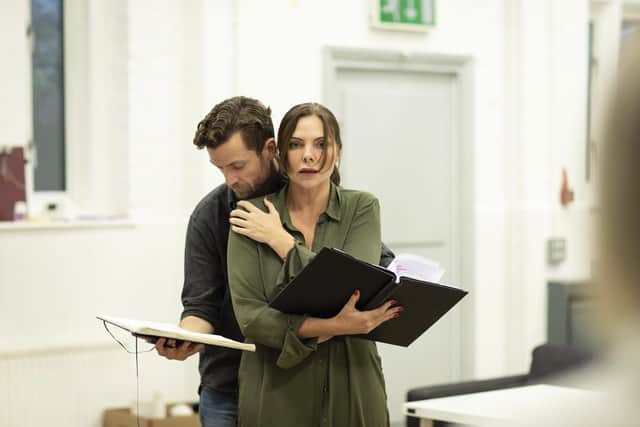 The Girl on The Train in rehearsal. Samantha Womack (Rachel Watson) and Adam Jackson Smith (Tom Watson). Picture by Helen Maybanks