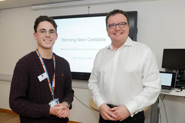 University of Portsmouth Business School hosted a networking night at the University of Portsmouth Portland Building.Jack Crook, left, president of University of Portsmouth Student Entrepreneur Society and Kevin Briscoe, owner of Briscoe PR agency. Picture: Sarah Standing (240119-7073)