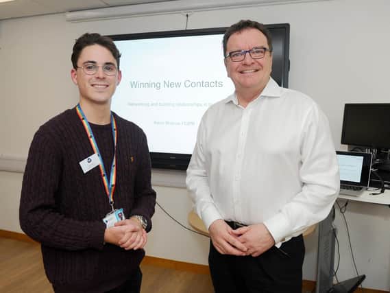 University of Portsmouth Business School hosted a networking night at the University of Portsmouth Portland Building.Jack Crook, left, president of University of Portsmouth Student Entrepreneur Society and Kevin Briscoe, owner of Briscoe PR agency. Picture: Sarah Standing (240119-7073)