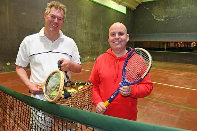 Simon Carter, left, with Seacourt's real tennis pro Andrew Lyons, once ranked No 7 in the world and rated the best marker on the planet