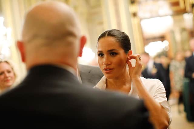 The Duchess of Sussex speaks to guests at the annual Endeavour Fund Awards at Drapers Hall, London. Picture: Tolga Akmen/PA Wire