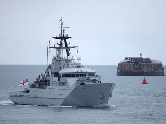 HMS Mersey arrives back into Portsmouth harbour after patrolling the waters in the English channel. Picture: Andrew Matthews/PA Wire