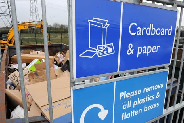 A cardboard and paper recycling bin at Waterlooville Household Waste Recycling Centre