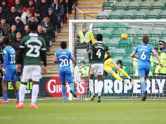 Graham Carey equalises for Plymouth against Pompey. Photo by Joe Pepler/Digital South.