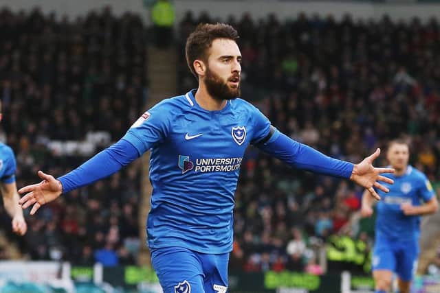 Pompey's Ben Close celebrates his goal against Plymouth. Photo by Joe Pepler