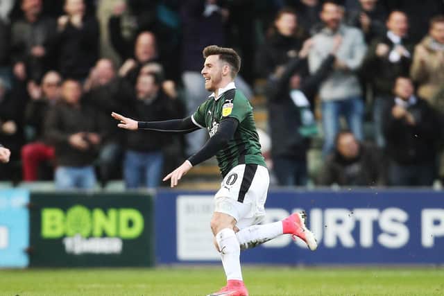 Plymouth's Graham Carey scores his first goal of the match during the Sky Bet League 1 match between Plymouth Argyle and Portsmouth at Home Park, Plymouth, England on 9 February 2019. Photo by Joe Pepler/Digital South.