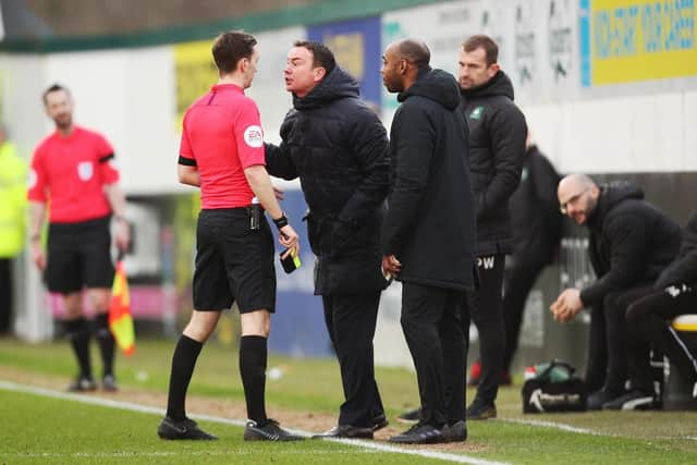 Plymouth boss Derek Adams was booked against Pompey. Picture: Joe Pepler