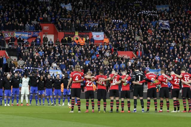 A minute of silence in tribute to Emiliano Sala prior to the Premier League match between Southampton and Cardiff City. Picture: Henry Browne/Getty Images