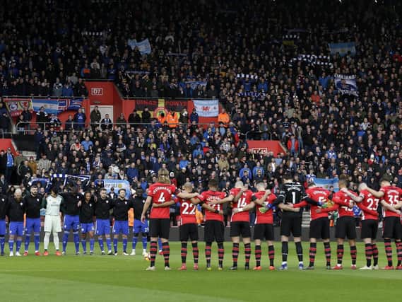 A minute of silence in tribute to Emiliano Sala prior to the Premier League match between Southampton and Cardiff City. Picture: Henry Browne/Getty Images