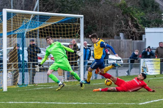 Ryan Pennery scores Gosport's first goal against Frome. Picture: Vernon Nash (090219-095)