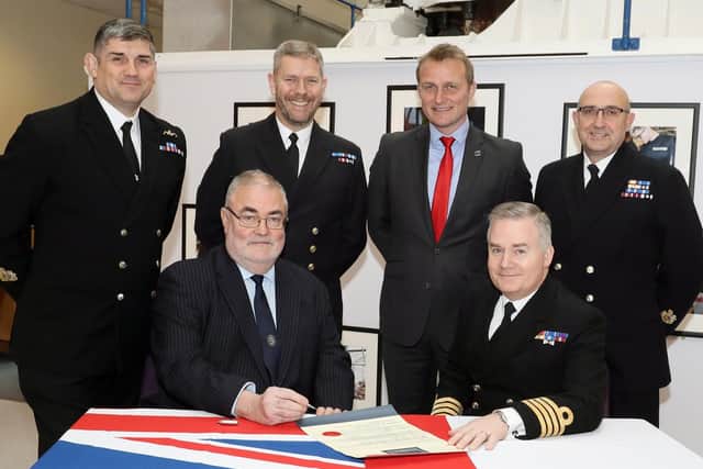 IMarEST signing with Captain Peter Towell OBE and Mr Hodge, as HMS Sultan's marine engineering training receives an IMarEST accreditation. Picture: Nicola Harper/Royal Navy