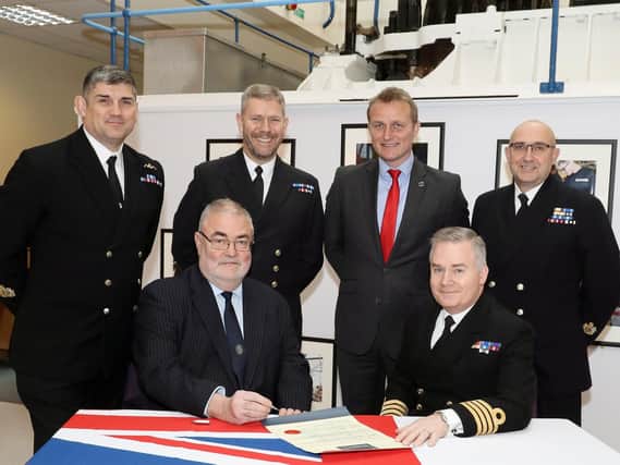 IMarEST signing with Captain Peter Towell OBE and Mr Hodge, as HMS Sultan's marine engineering training receives an IMarEST accreditation. Picture: Nicola Harper/Royal Navy