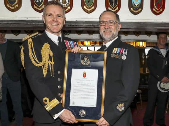 Pictured: Naval Base Commander, Commodore Jim Higham OBE ADC RN presenting Warrant Officer George Boardman RN with is Valediction after serving 42 years in the Royal Navy.



ROYAL NAVAL WARRANT OFFICER RETIRES AFTER SERVING LONGER THAN LORD NELSON



THE ROYAL Navys longest serving Weapon Engineer (WE) Rating, WO George Boardman, will be presented his Valedictory Certificate by the Royal Navys most Senior Naval Officer in the WE branch, Cdre Jim Higham, onboard the longest serving Royal Navy warship, HMS Victory.



WO Boardman joined the Royal Navy in September 1976 as a Junior Engineering Mechanic, completing 42 years and 7 months service  thats more time than Lord Nelson.



During his career he has fulfilled a myriad of roles across the Navy and notably in 2007 he was assigned to Iraq for Operation Telic as a Regimental Quarter Master Sergeant.