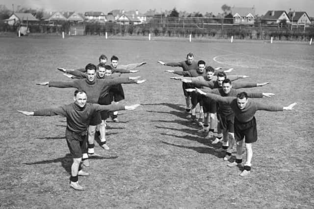 March 22 1939:  The players of Pompey train for their forthcoming F A Cup Semi-Final at a training ground in Bognor, Sussex.