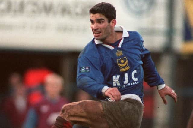 Craig Foster scores against Aston Villa while playing for Pompey in 1998