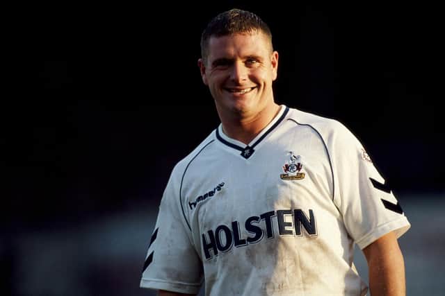 Paul Gascoigne scored twice in Spurs' 2-1 win at Fratton Park Picture: Dan Smith/Allsport/Getty Images