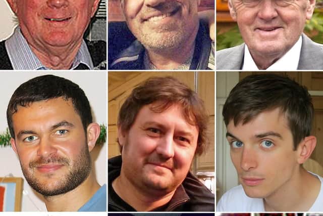 Nine of the Shoreham air crash victims (top row left to right) Graham Mallinson, Mark Trussler and Maurice Abrahams, (middle row left to right) Matthew Grimstone, Dylan Archer and Richard Smith, (bottom row left to right) Tony Brightwell, Matt Jones and Mark Reeves. PA/PA Wire