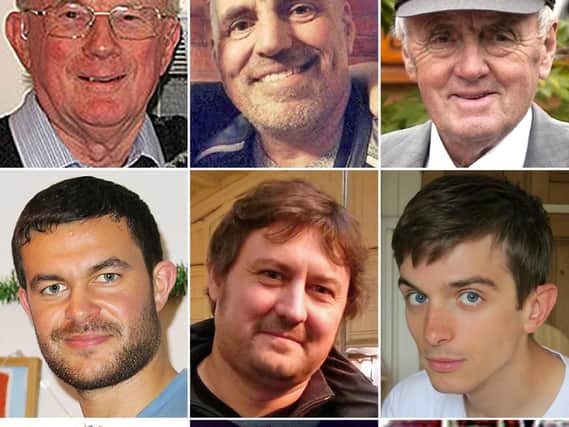 Nine of the Shoreham air crash victims (top row left to right) Graham Mallinson, Mark Trussler and Maurice Abrahams, (middle row left to right) Matthew Grimstone, Dylan Archer and Richard Smith, (bottom row left to right) Tony Brightwell, Matt Jones and Mark Reeves. PA/PA Wire