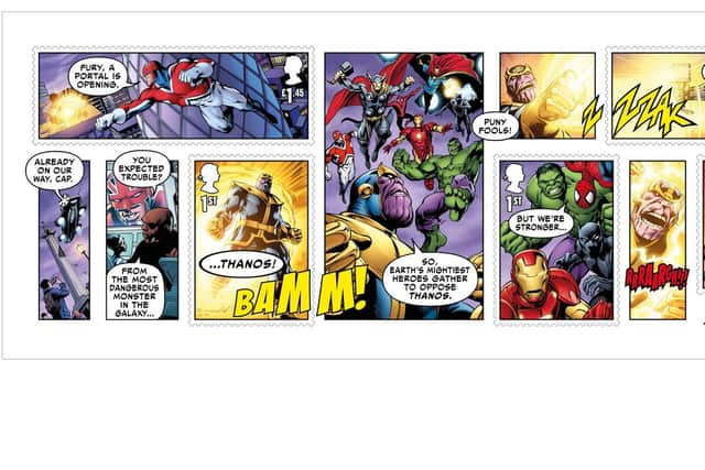A five stamp set will form a comic strip starring Captain Britain as he rallies heroes against villain Thanos. Picture: Royal Mail/PA Wire