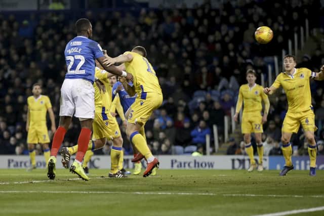 Jordan Clarke heads into his own net as Pompey equalise against Bristol Rovers. Picture: Robin Jones