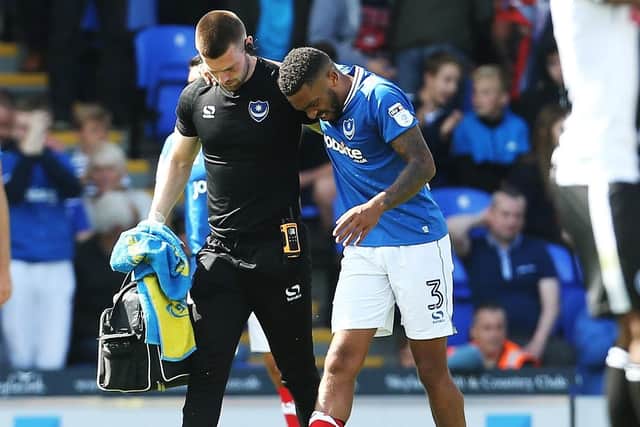 Tareiq Holmes-Dennis limped off with a knee injury on his Pompey debut last season and never featured for the club again. Picture: Joe Pepler