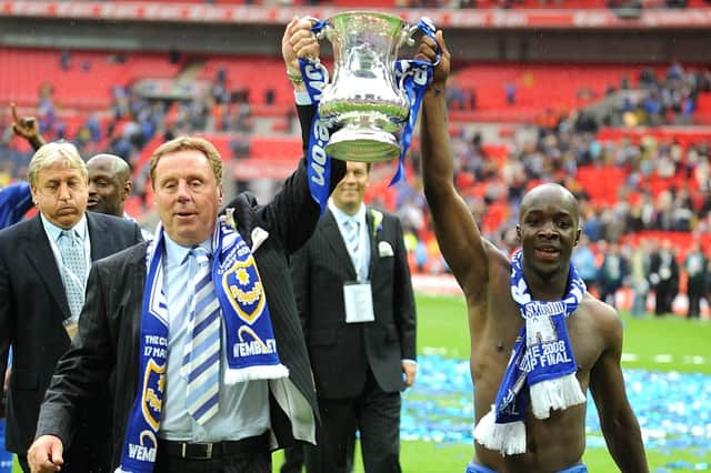 Lassana Diarra celebrates winning the FA Cup with Pompey boss Harry Redknapp in May 2008.