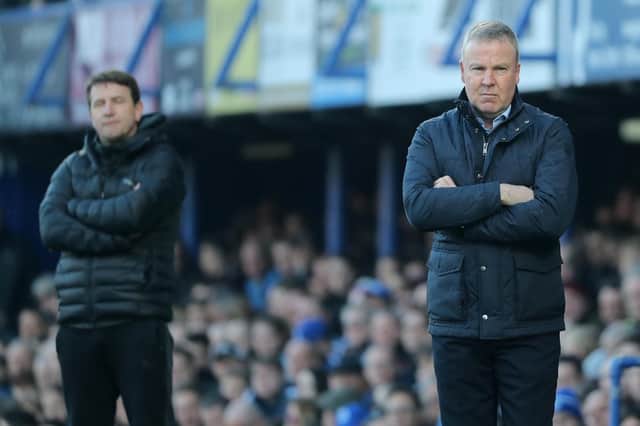 Barnsley boss Daniel Stendel and his Pompey counterpart Kenny Jackett survey proceedings on Saturday. Picture: Sean Ryan