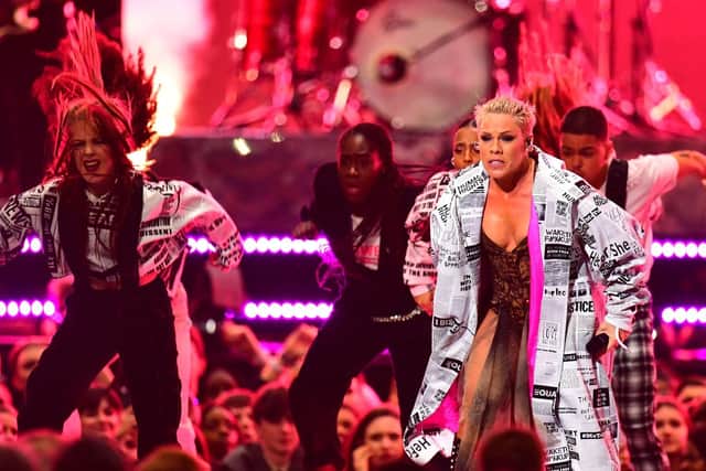 Pink performs on stage at the Brit Awards 2019 at the O2 Arena, London