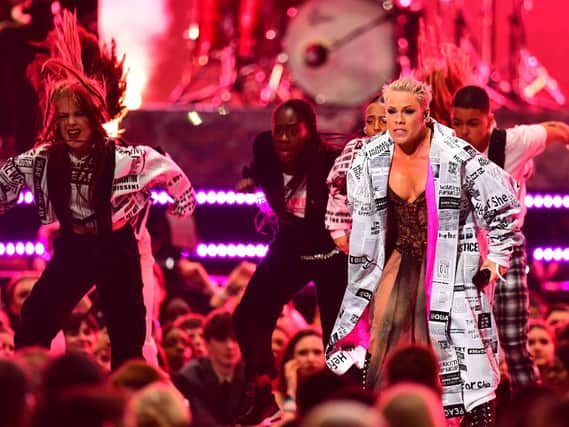 Pink performs on stage at the Brit Awards 2019 at the O2 Arena, London